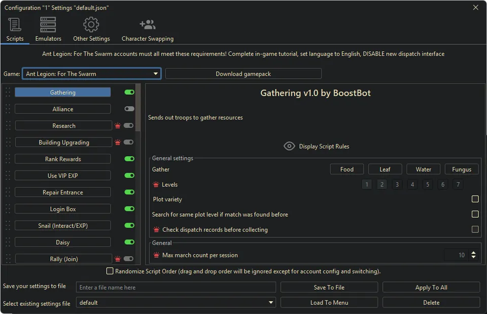 Ant Legion bot settings, screenshot 1