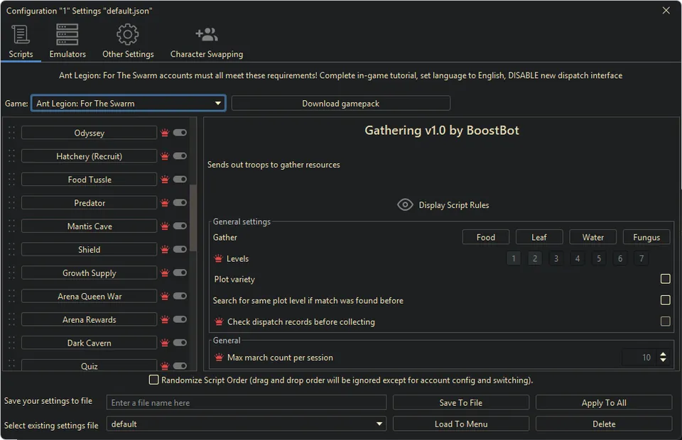 Ant Legion bot settings, screenshot 2