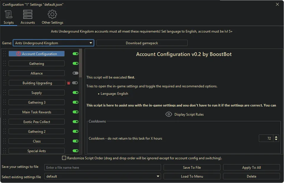 Ants Underground bot settings, screenshot 1