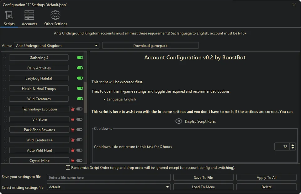 Ants Underground bot settings, screenshot 2