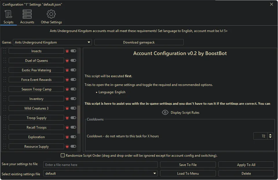 Ants Underground bot settings, screenshot 3