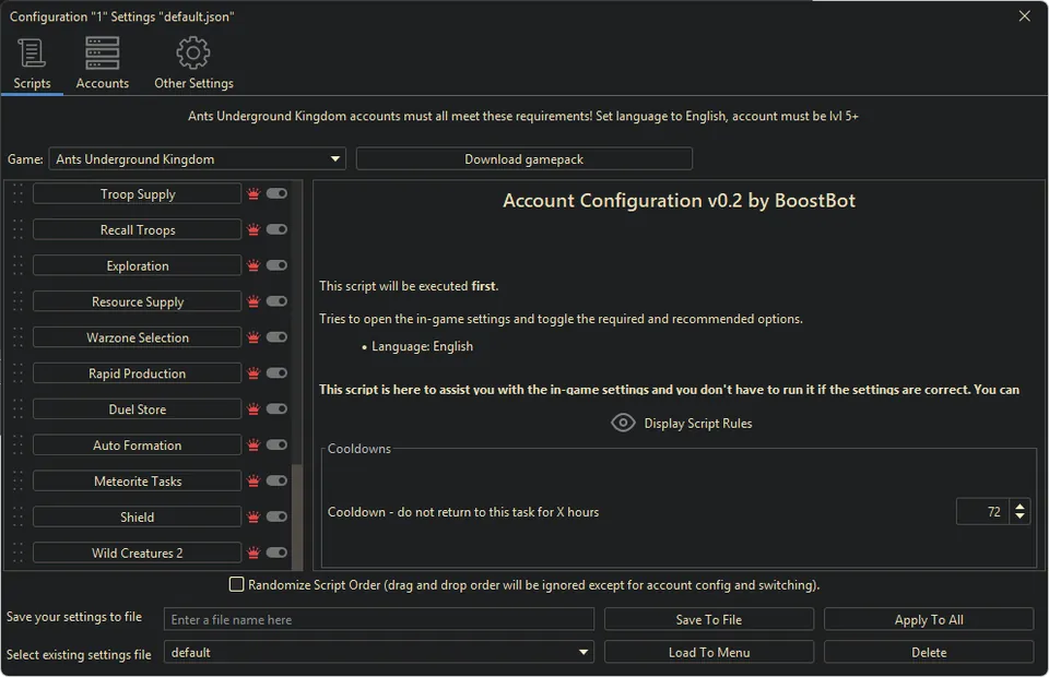Ants Underground bot settings, screenshot 4