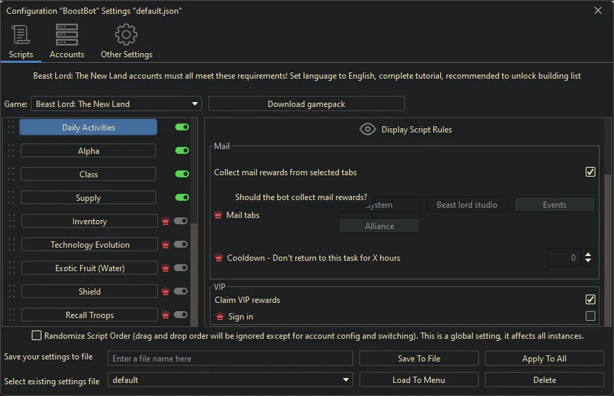 Beast Lord: The New Land bot settings, screenshot 1