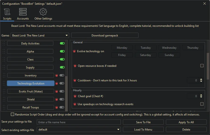Beast Lord: The New Land bot settings, screenshot 2