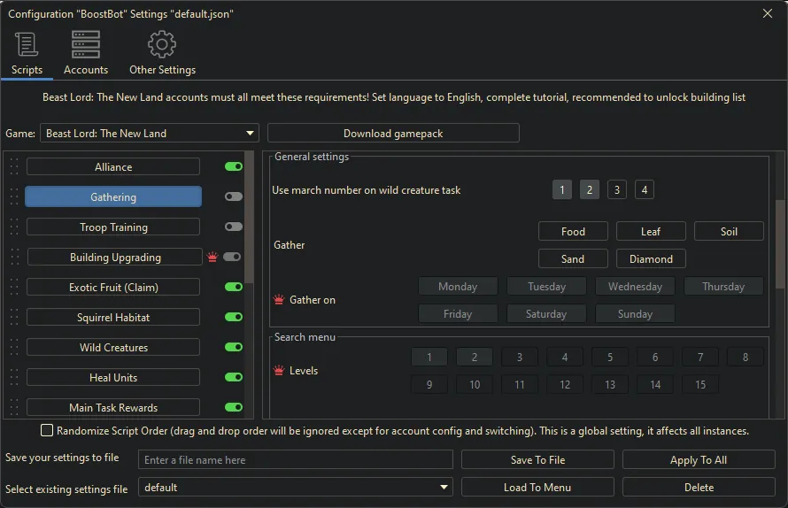 Beast Lord: The New Land bot settings, screenshot 3