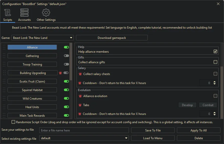 Beast Lord: The New Land bot settings, screenshot 4
