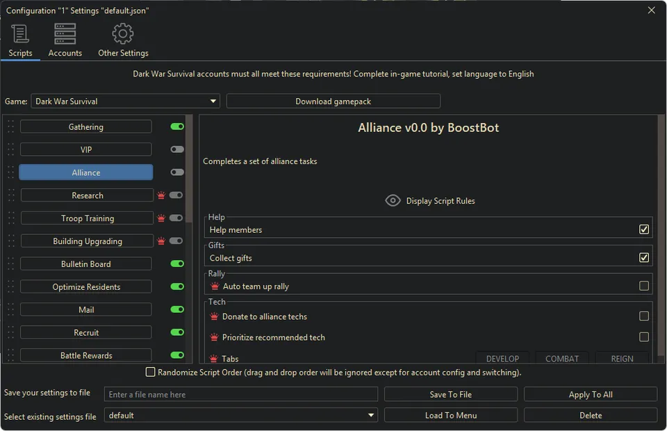 Dark War bot settings, screenshot 1