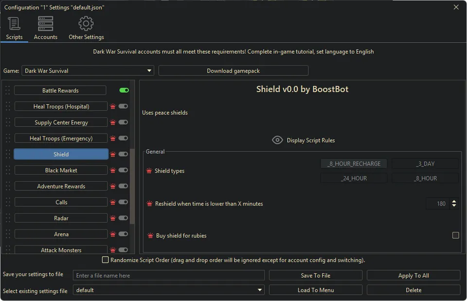 Dark War bot settings, screenshot 2