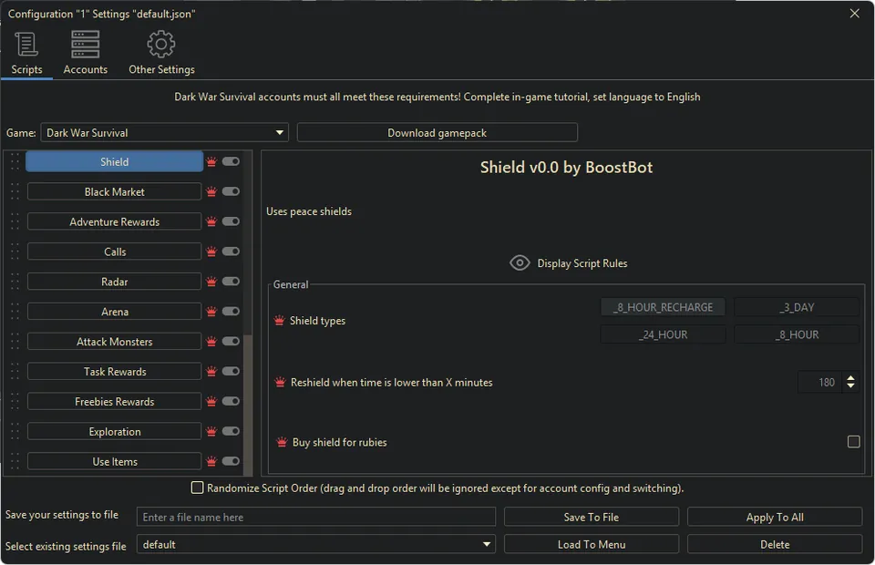 Dark War bot settings, screenshot 3