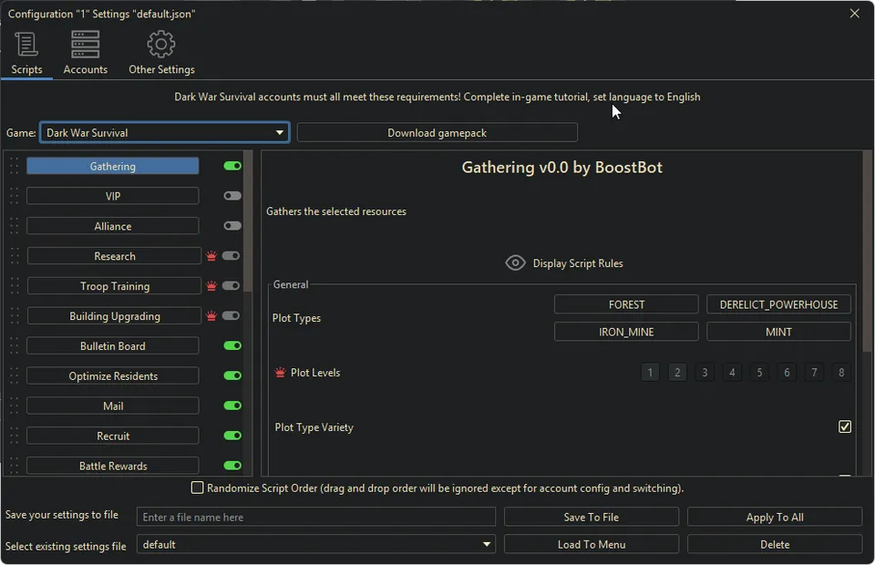 Dark War bot settings, screenshot 4