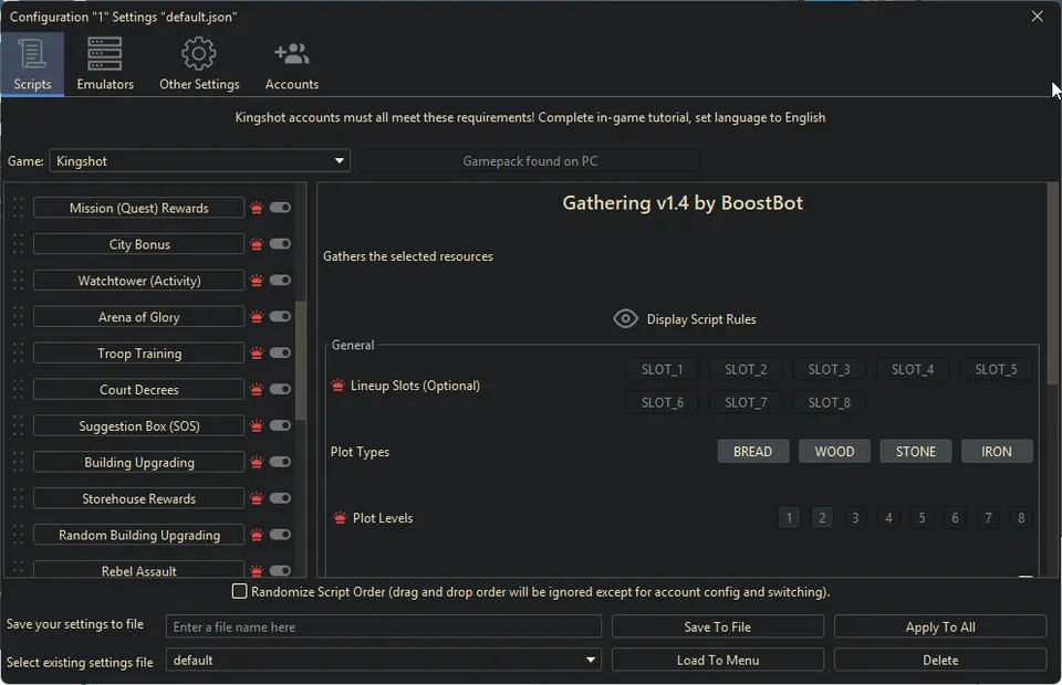 Kingshot bot settings, screenshot 1