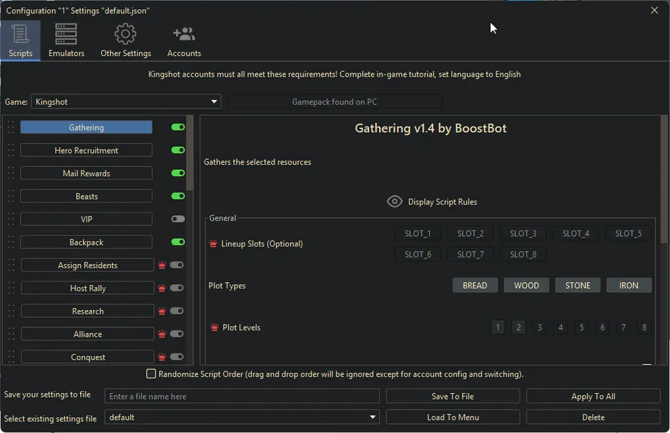 Kingshot bot settings, screenshot 3