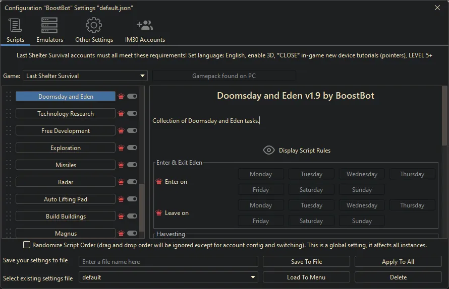 Last Shelter Survival bot settings, screenshot 1