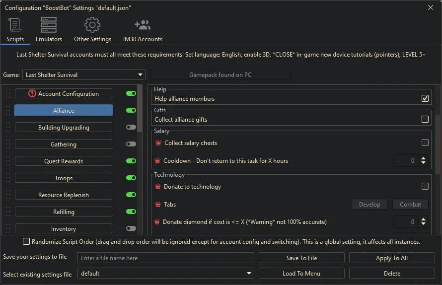 Last Shelter Survival bot settings, screenshot 2