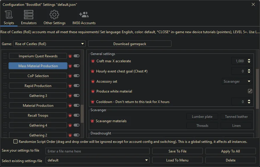 Rise of Castles bot settings, screenshot 1