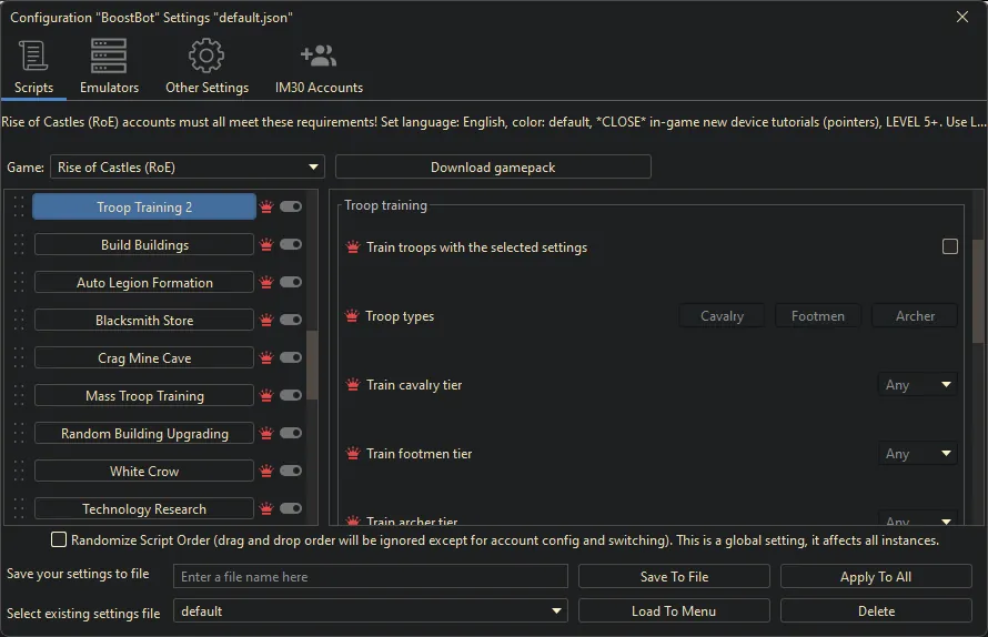 Rise of Castles bot settings, screenshot 2