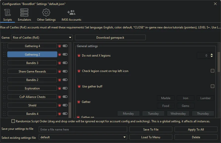 Rise of Castles bot settings, screenshot 3