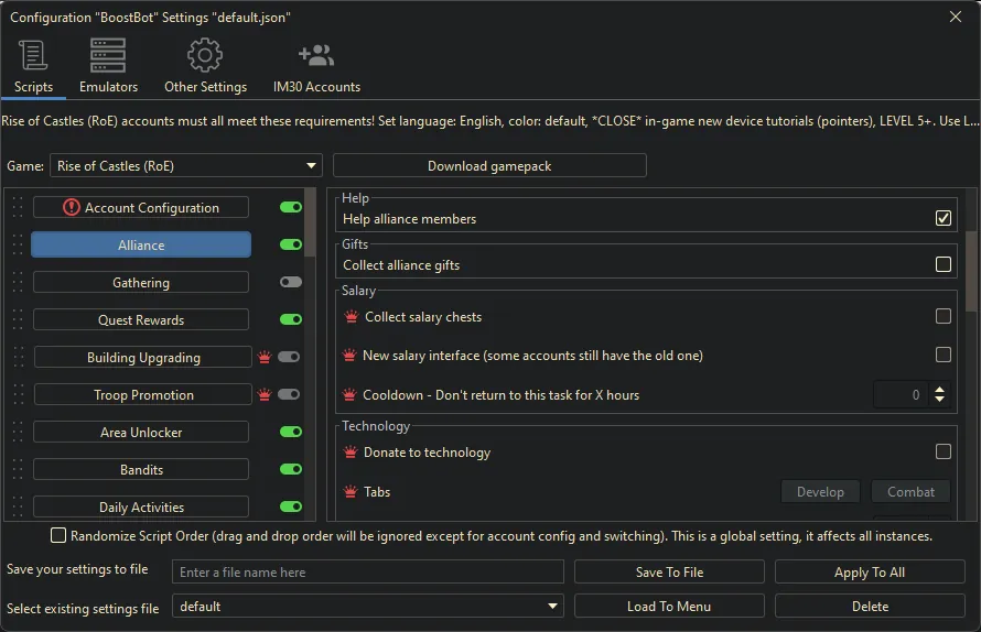 Rise of Castles bot settings, screenshot 4