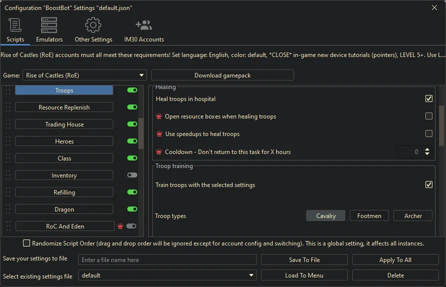 Rise of Castles bot settings, screenshot 5