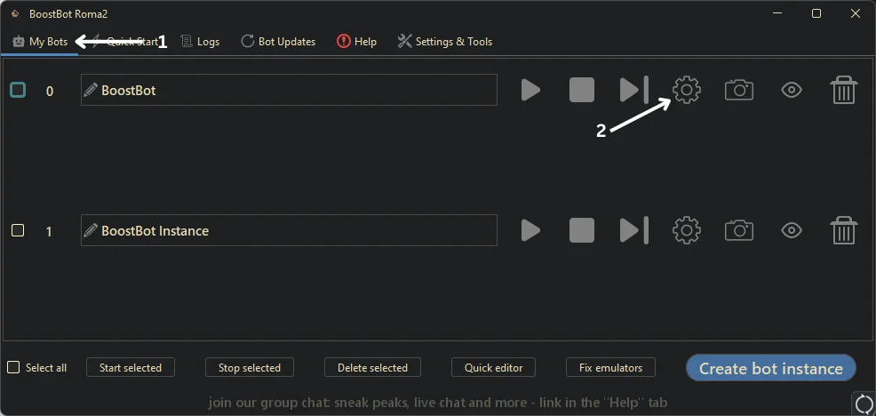 My Bots tab: the cog opens an instance's settings, Play starts it