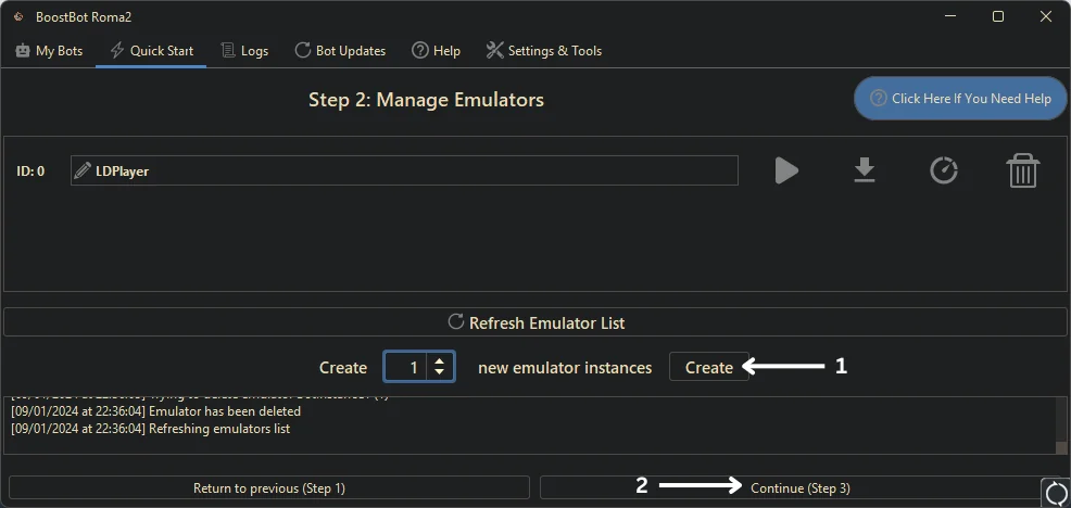 BoostBot Quick Start step 2: set 1 new emulator instance, press Create, then Continue