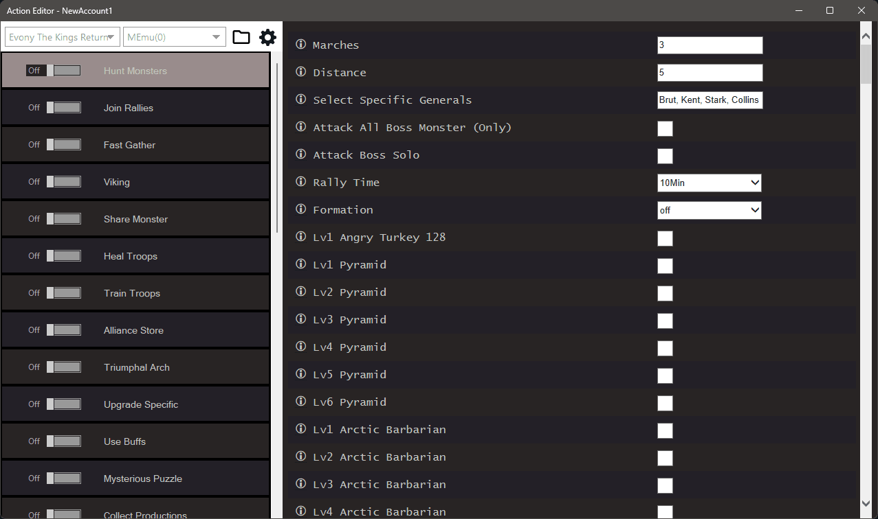 Evony Kings Return bot settings, screenshot 2