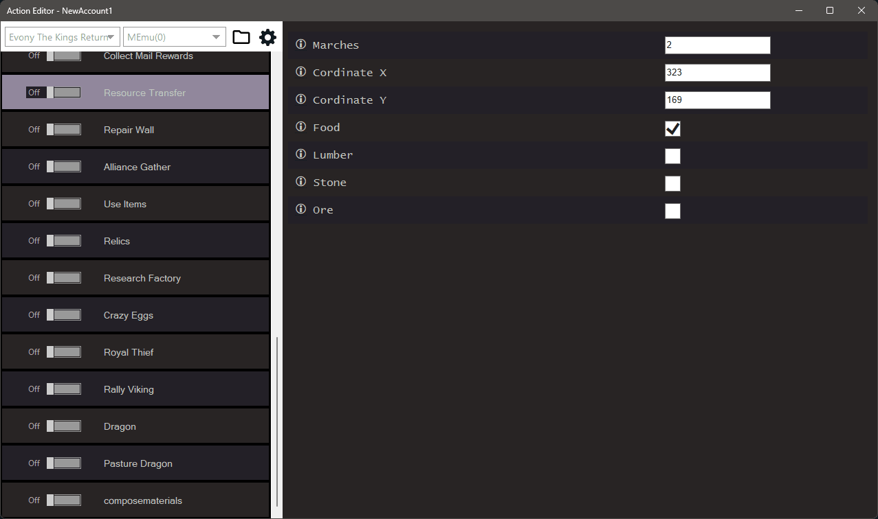 Evony Kings Return bot settings, screenshot 1
