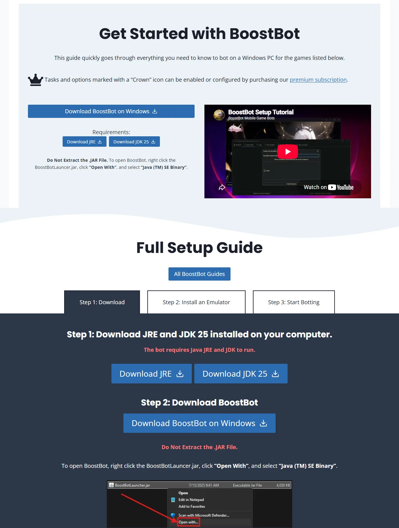 Get Started Guide Showing The Windows Boostbot Launcher And Java Open-With Steps