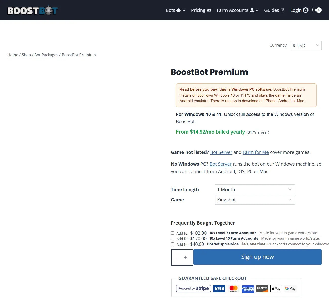 Boostbot Premium Shop Page With Windows-Only Notice And Billing Options